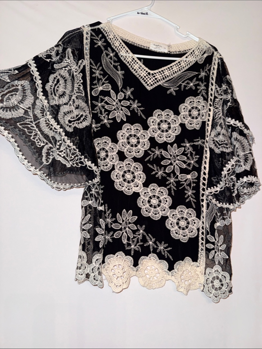 Black Lace-Overlay V-Neck Tunic with Cream Floral Crochet